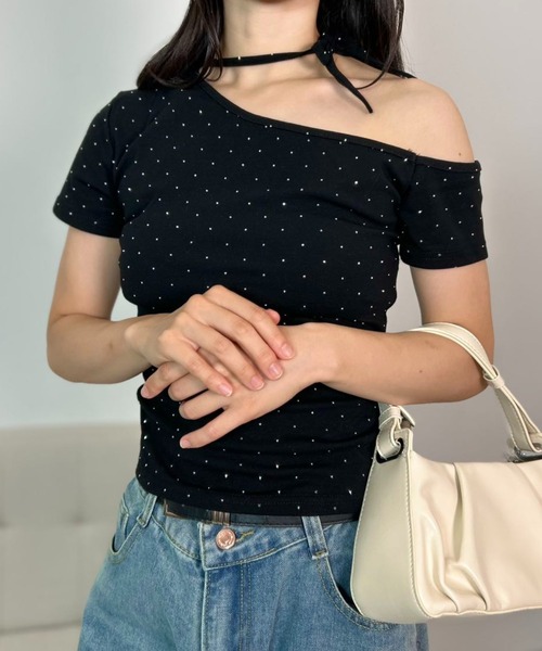 mebole(メボレ)の「Dot Ribbon One-Shoulder Top(Tシャツ/カットソー・レディース・グレー/ブラック・FREE)」の5枚目の写真
