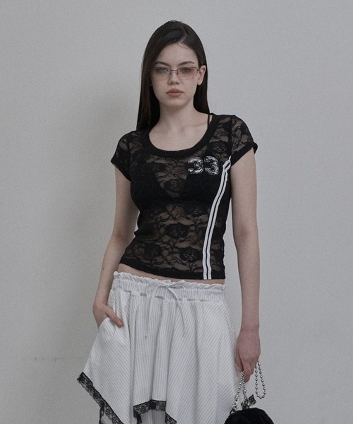 SETUPEXE（セットアップイーエックスイー）の「【日本未発売/WEB限定】SETUPEXE(セットアップイーエックスイー)/レース 半袖 Tシャツ/33 LACE TOP（Tシャツ/カットソー・レディース・ブラック/ホワイト/ピンク・FREE）」の7枚目の写真