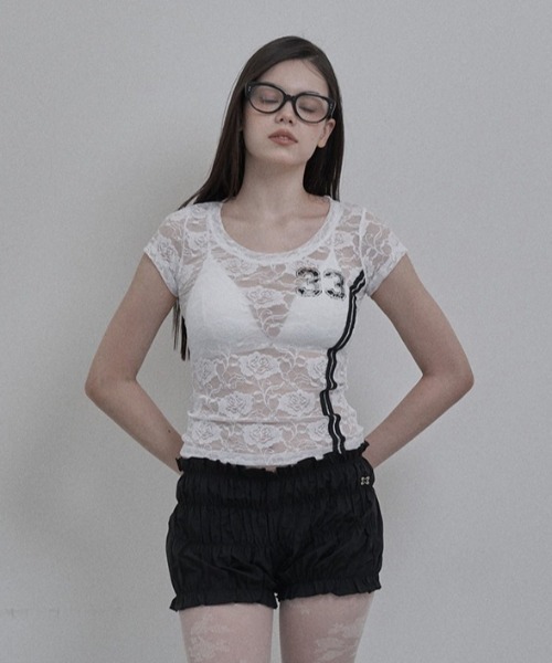 SETUPEXE（セットアップイーエックスイー）の「【日本未発売/WEB限定】SETUPEXE(セットアップイーエックスイー)/レース 半袖 Tシャツ/33 LACE TOP（Tシャツ/カットソー・レディース・ブラック/ホワイト/ピンク・FREE）」の5枚目の写真