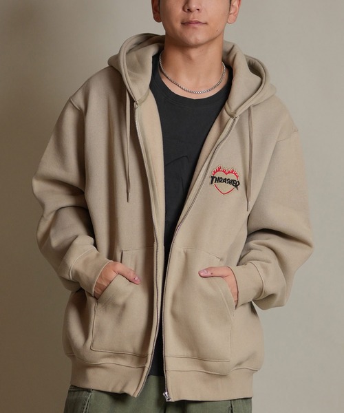THRASHER（スラッシャー）の「THRASHER/スラッシャー ジップアップ パーカー スウェット フーディー ロゴ ワンポイント 裏起毛 254TH1PK065（パーカー・メンズ・ホワイト/ベージュ/ブラック・M/L/XL）」の3枚目の写真