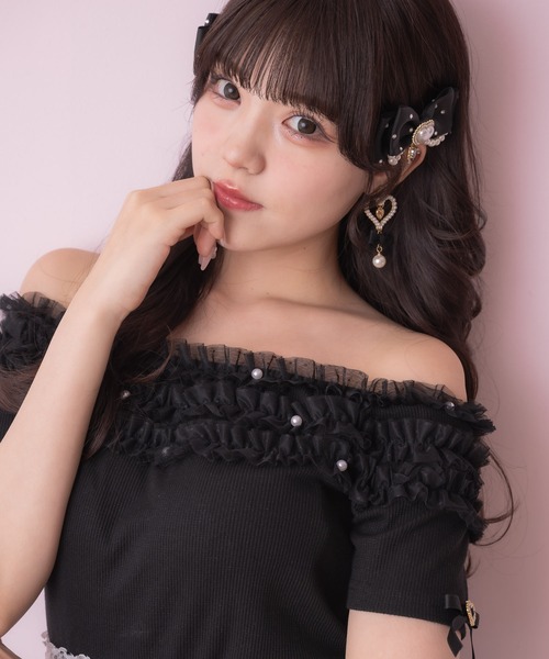 ROJITA（ロジータ）の「チュールオフショルテレコリブトップス（Tシャツ/カットソー・レディース・ブラック/ホワイト・FREE）」の9枚目の写真