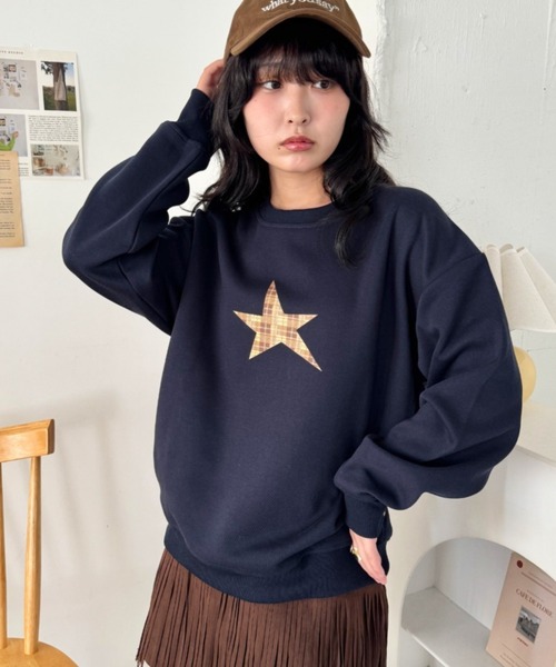 SOLLON.(ソルロン)の「チェック&ドットスタープルオーバー(スウェット・レディース・ネイビー/グレー/アッシュグレー/ブラウン/パープル・FREE)」の1枚目の写真