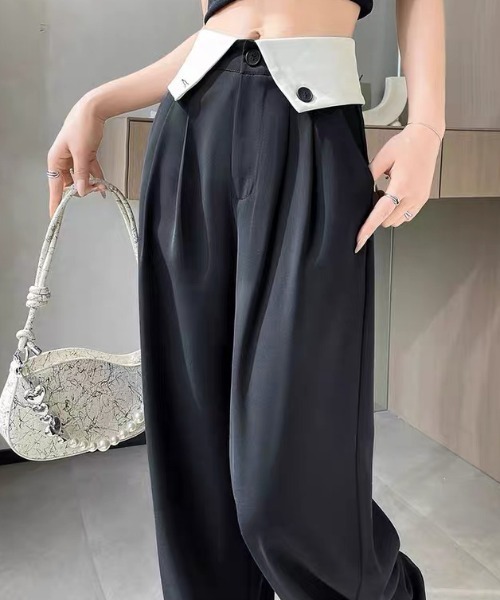 CELENA BEATS（セレナビーツ）の「※バイカラー ハイウエスト タックパンツ（スラックス・レディース・ブラック/グレー・M/S）」の2枚目の写真