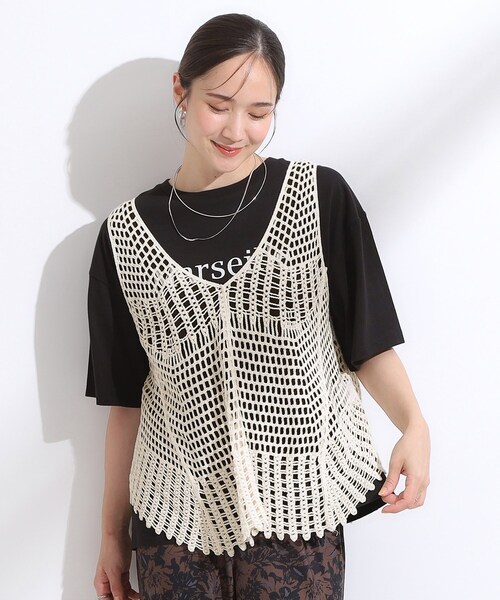 Cutie Blonde（キューティーブロンド）の「【2点セット】クロシェ編みレースベスト＋Tシャツワンピースセット（ワンピース・レディース・チャコールグレー/ダークブラウン・00）」の5枚目の写真