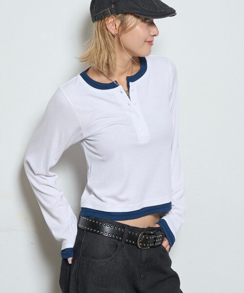 WHO'S WHO gallery（フーズフーギャラリー）の「レイヤードヘンリートップス（Tシャツ/カットソー・レディース・ネイビー/ブラック/オフホワイト/ブルー系その他/グレー・FREE）」の7枚目の写真