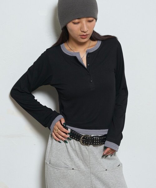 WHO'S WHO gallery（フーズフーギャラリー）の「レイヤードヘンリートップス（Tシャツ/カットソー・レディース・ネイビー/ブラック/オフホワイト/ブルー系その他/グレー・FREE）」の21枚目の写真