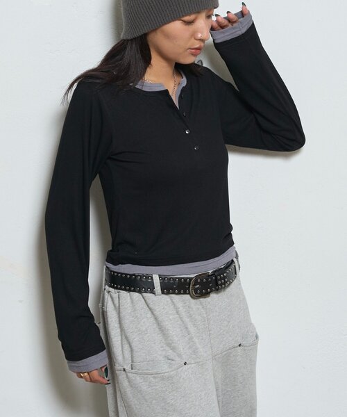 WHO'S WHO gallery（フーズフーギャラリー）の「レイヤードヘンリートップス（Tシャツ/カットソー・レディース・ネイビー/ブラック/オフホワイト/ブルー系その他/グレー・FREE）」の22枚目の写真