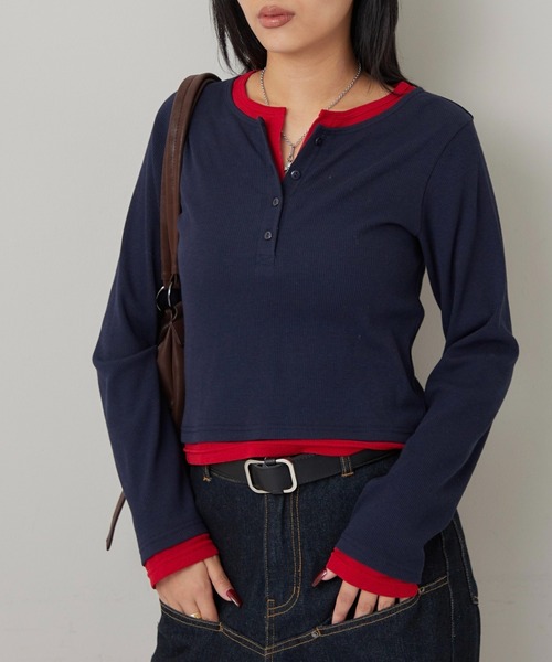 WHO'S WHO gallery（フーズフーギャラリー）の「レイヤードヘンリートップス（Tシャツ/カットソー・レディース・ネイビー/ブラック/オフホワイト/ブルー系その他/グレー・FREE）」の4枚目の写真