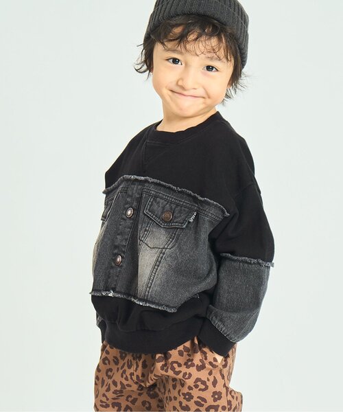 F.O.KIDS(エフオーキッズ)の「【ジュニア対応】デニムドッキングプルオーバー(スウェット・キッズ・ブラウン/ブラック・90/100/110/120/130/140/80)」の2枚目の写真