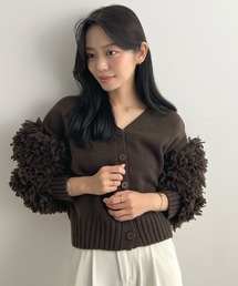 袖フリンジVネックニットカーディガン