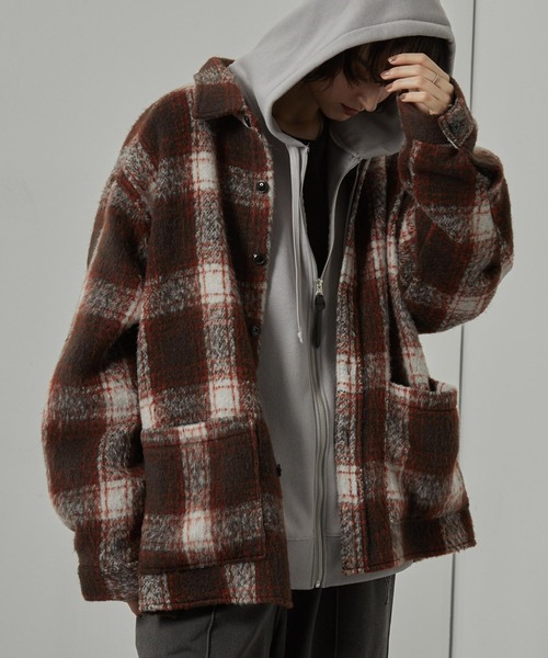Alfred Alex（アルフレッドアレックス）の「【Alfred Alex】オンブレチェック オーバーサイズ シャギーCPOシャツジャケット（ブルゾン・メンズ・ブラック/ブラウン/ネイビー・M/L）」の2枚目の写真