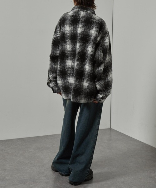 【新品】カシミヤ100% USA製 オンブレチェックジャケット 黒×白 L相当 セール】【Alfred Alex】オンブレチェック オーバーサイズ シャギーCPO