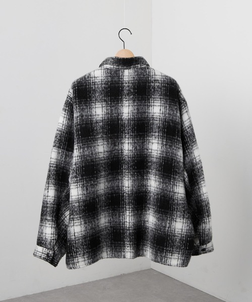 古着　オンブレチェック　ネル　シャツジャケット　シャギーブルゾン　起毛　L白黒. セール】【Alfred Alex】オンブレチェック オーバーサイズ シャギーCPO