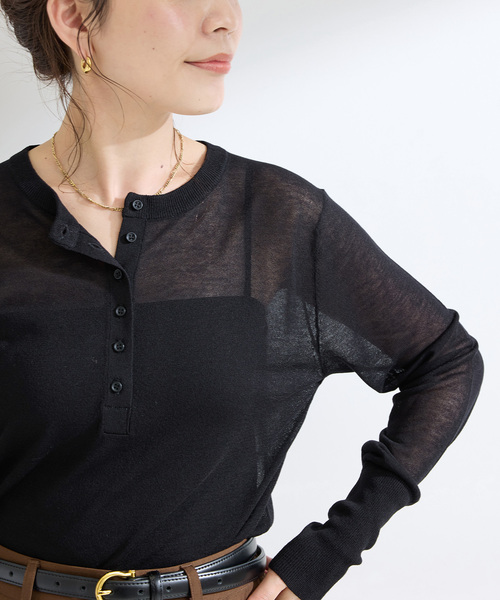 B.C STOCK(ベーセーストック)の「《追加》【WEB限定】手洗い可 / シアーニットヘンリープルオーバー(ニット/セーター・レディース・ブラウン/ピンク/ブラック・FREE)」の2枚目の写真