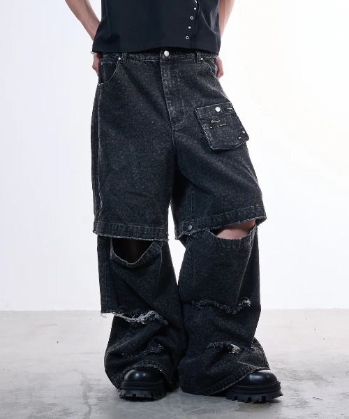 VI E DIT(ヴィエディット)の「Urban Grunge 2way Leopard Denim/アーバングランジ2ウェイレオパードデニム(デニムパンツ・メンズ・グレー/ブラウン・1/2)」の2枚目の写真