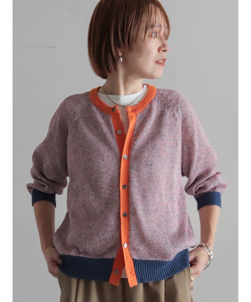 FIL DE FER（フィルデフェール）の「【予約】カラーMIXストローヤーン　ラグランカーデ（カーディガン/ボレロ・レディース・グリーン/ピンク・FREE）」の2枚目の写真