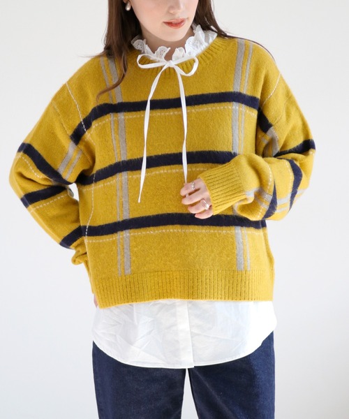 セール】チェックジャガードニットプルオーバー（ニット/セーター