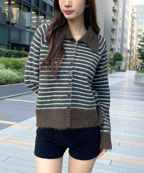 3.3 Field Trip （3.3フィールドトリップ）の「3.3 Field Trip／襟ボーダーニット（ニット/セーター・レディース・ブラウン/グレー・FREE）」の2枚目の写真