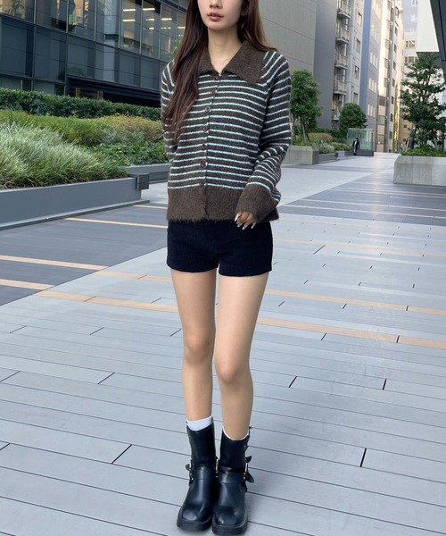 3.3 Field Trip （3.3フィールドトリップ）の「3.3 Field Trip／襟ボーダーニット（ニット/セーター・レディース・ブラウン/グレー・FREE）」の3枚目の写真