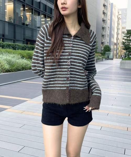 3.3 Field Trip （3.3フィールドトリップ）の「3.3 Field Trip／襟ボーダーニット（ニット/セーター・レディース・ブラウン/グレー・FREE）」の5枚目の写真