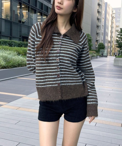 3.3 Field Trip （3.3フィールドトリップ）の「3.3 Field Trip／襟ボーダーニット（ニット/セーター・レディース・ブラウン/グレー・FREE）」の6枚目の写真