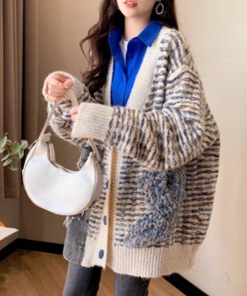 キャラクター刺繍オーバーサイズニットカーディガン ブルーボタン