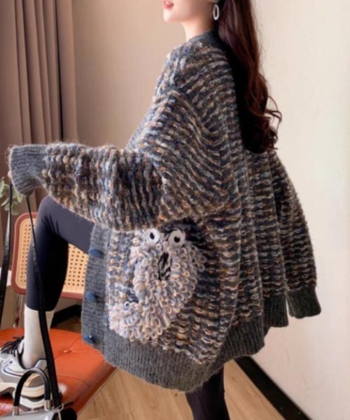 キャラクター刺繍オーバーサイズニットカーディガン ブルーボタン
