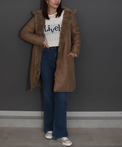 セール】ボーダーフェイクファーリバーシブルロングコート（ダウン