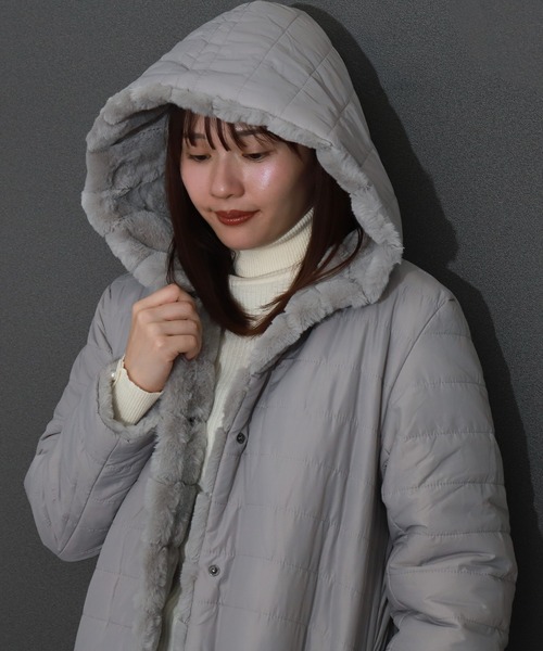 セール】ボーダーフェイクファーリバーシブルロングコート（ダウン