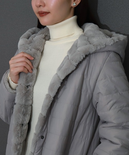 libelle more(リベル モア)の「ボーダーフェイクファーリバーシブルロングコート(ダウンジャケット/コート・レディース・ブラック/グレー/ベージュ/モカ・M/L)」の13枚目の写真