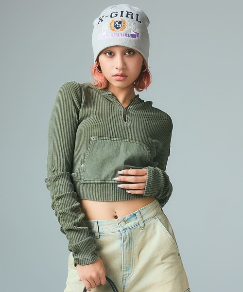 FADED WOVEN MIX HALF ZIP HOODED TOP（パーカー）｜X-girl（エックス