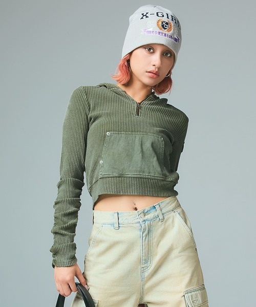 FADED WOVEN MIX HALF ZIP HOODED TOP（パーカー）｜X-girl（エックス