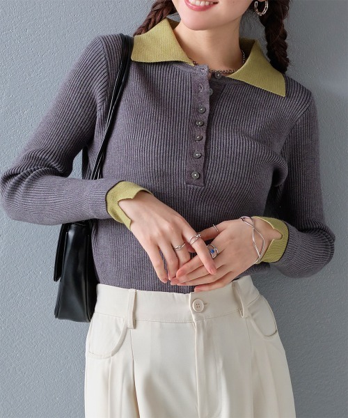 セール】フェイクレイヤード 配色デザイン ポロ襟 ニット（ニット