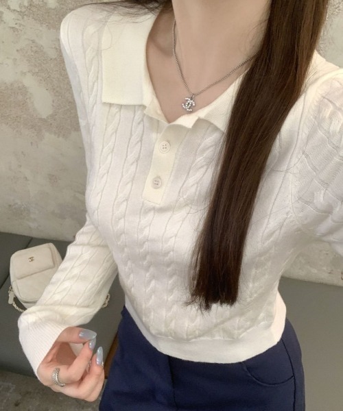 Vipoa(ヴィポア)の「Simple polo collar knit top(ニット/セーター・レディース・ホワイト/ブラック/グレー・FREE)」の1枚目の写真