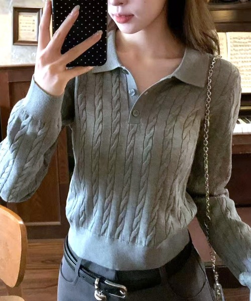 Vipoa(ヴィポア)の「Simple polo collar knit top(ニット/セーター・レディース・ホワイト/ブラック/グレー・FREE)」の14枚目の写真