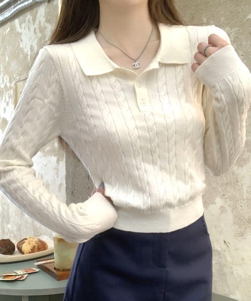 Vipoa(ヴィポア)の「Simple polo collar knit top(ニット/セーター・レディース・ホワイト/ブラック/グレー・FREE)」の16枚目の写真