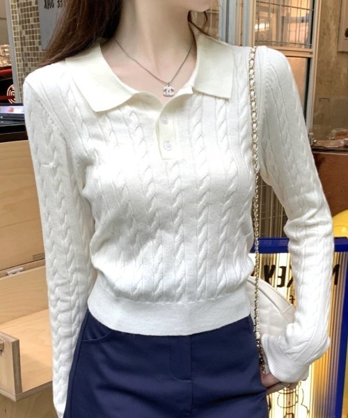 Vipoa(ヴィポア)の「Simple polo collar knit top(ニット/セーター・レディース・ホワイト/ブラック/グレー・FREE)」の15枚目の写真