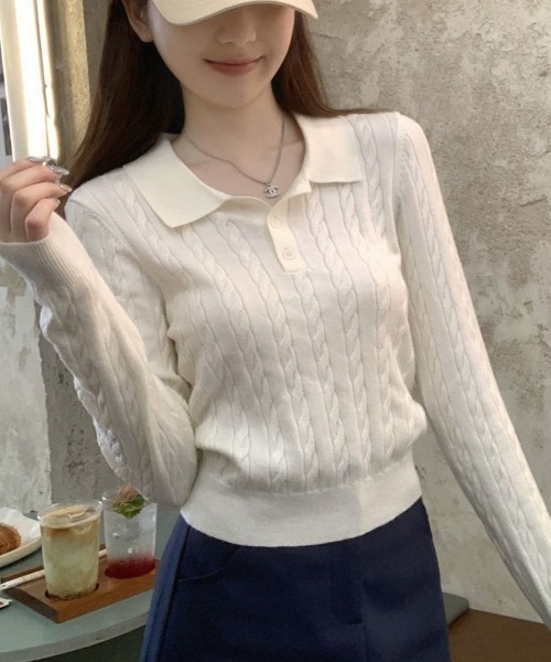 Vipoa(ヴィポア)の「Simple polo collar knit top(ニット/セーター・レディース・ホワイト/ブラック/グレー・FREE)」の22枚目の写真