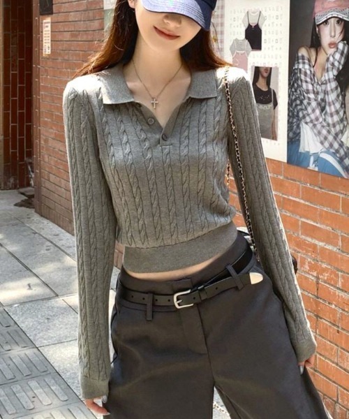 Vipoa(ヴィポア)の「Simple polo collar knit top(ニット/セーター・レディース・ホワイト/ブラック/グレー・FREE)」の13枚目の写真