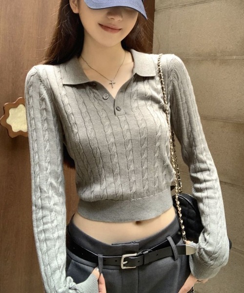 Vipoa(ヴィポア)の「Simple polo collar knit top(ニット/セーター・レディース・ホワイト/ブラック/グレー・FREE)」の11枚目の写真