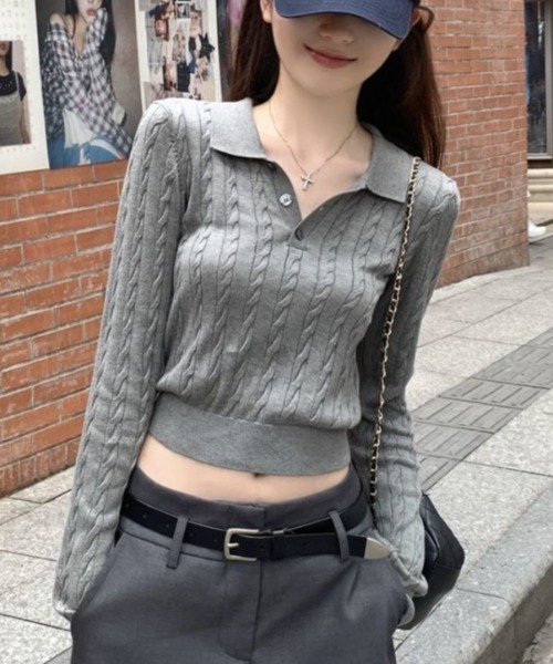 Vipoa(ヴィポア)の「Simple polo collar knit top(ニット/セーター・レディース・ホワイト/ブラック/グレー・FREE)」の10枚目の写真