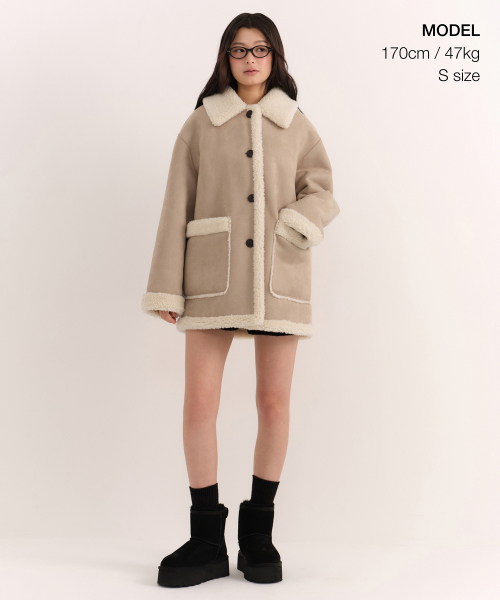 MUSINSA STANDARD WOMAN（ムシンサスタンダードウーマン）の「ウィメンズリバーシブル合成スエードシアリングハーフコート[ベージュ]（チェスターコート・レディース・その他・M/S/X-SMALL/LARGE）」の8枚目の写真
