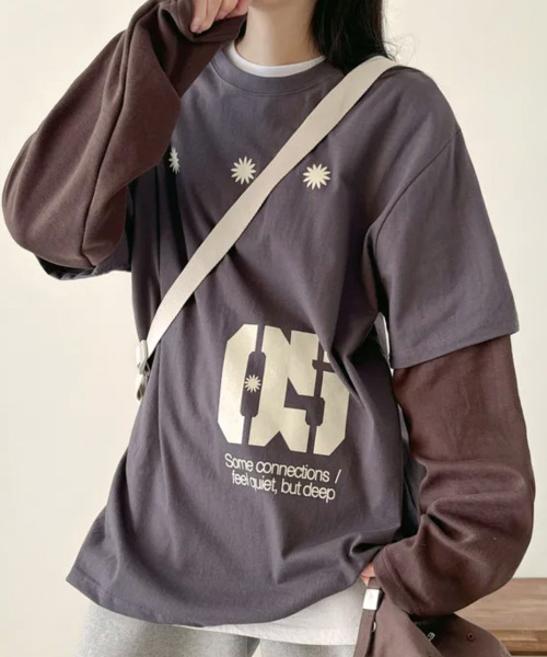 VIVID LADY(ビビッドレディー)の「フェイクレイヤード フロントプリント ロンT(Tシャツ/カットソー・レディース・ネイビー/ブラウン/チャコールグレー・FREE)」の7枚目の写真