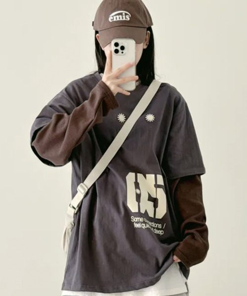 VIVID LADY(ビビッドレディー)の「フェイクレイヤード フロントプリント ロンT(Tシャツ/カットソー・レディース・ネイビー/ブラウン/チャコールグレー・FREE)」の9枚目の写真