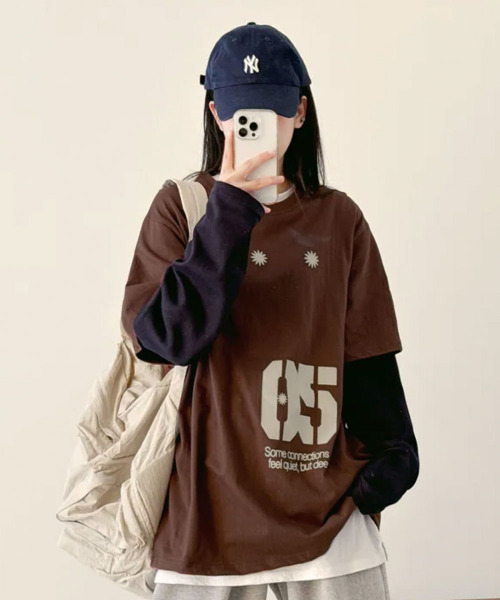 VIVID LADY(ビビッドレディー)の「フェイクレイヤード フロントプリント ロンT(Tシャツ/カットソー・レディース・ネイビー/ブラウン/チャコールグレー・FREE)」の14枚目の写真