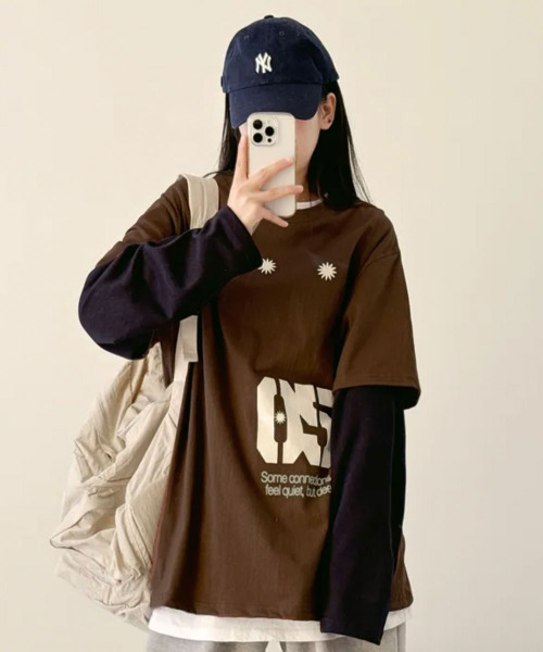 VIVID LADY(ビビッドレディー)の「フェイクレイヤード フロントプリント ロンT(Tシャツ/カットソー・レディース・ネイビー/ブラウン/チャコールグレー・FREE)」の15枚目の写真
