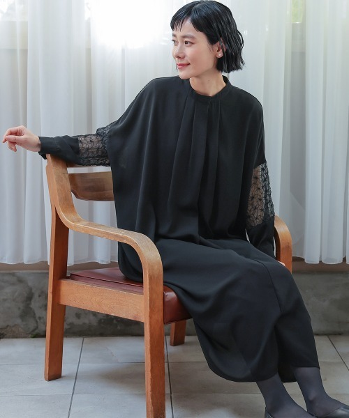 専用　No.346着物リメイクVネックコクーンシルエットワンピース　辻が花　絞り セール】【喪服・礼服】洗える防しわ 袱紗も入るポケット仕様北陸刺繍
