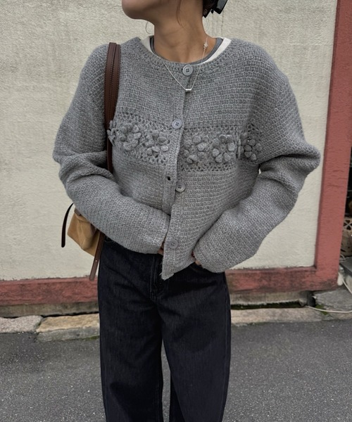 nananamoe(ナナナモエ)の「flower motif hand wool knit / フラワーモチーフハンドウールニット(カーディガン/ボレロ・レディース・ブラック/アイボリー/グレー・FREE)」の14枚目の写真