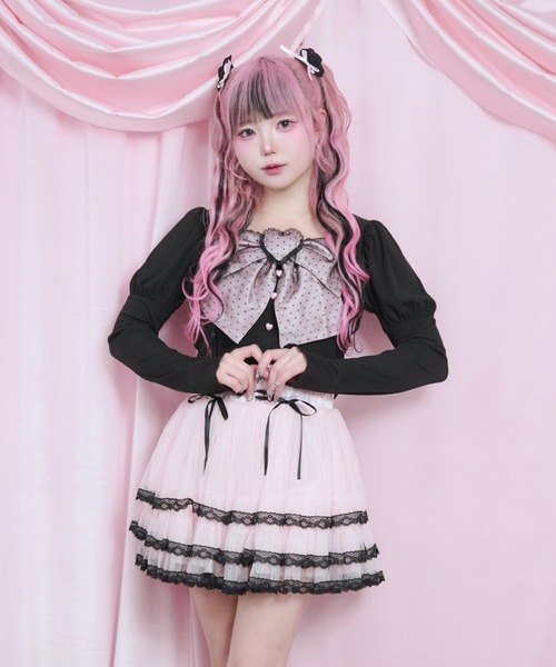 Magia Charm(マギアチャーム)の「リボンパフスリーブカットソー(Tシャツ/カットソー・レディース・ホワイト/ブラック・F)」の2枚目の写真