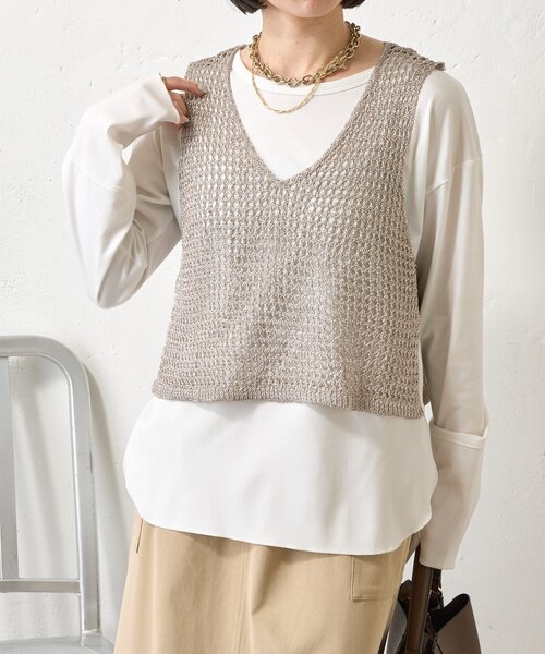 Jena espace merveilleux（ジェナ　エスパスメルヴェイユ）の「【レイヤードで差をつける】メタリックヤーンベスト（ニット/セーター・レディース・グレー/ゴールド・FREE）」の13枚目の写真